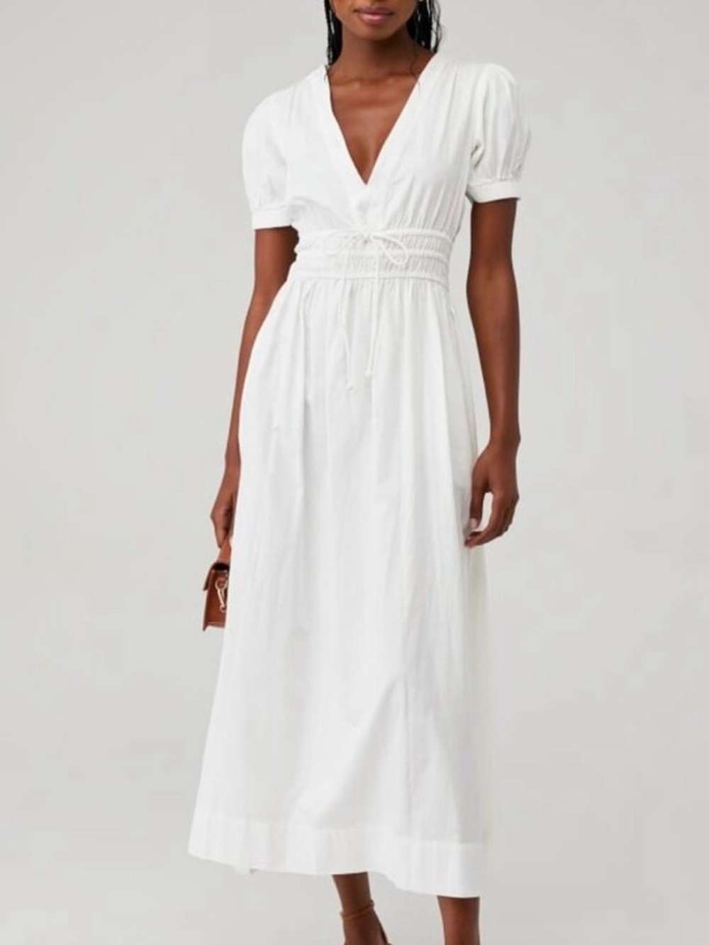 LoveShack Fancy White V-Neck Smocked Waist Midi Dress - NWT Size XXS